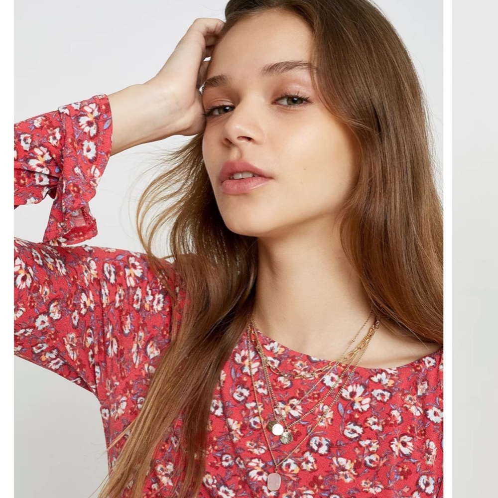Free People Say Hello Floral Mini Red Long Sleeve Dress Size S